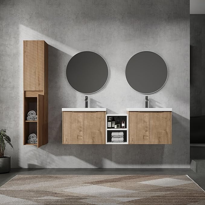 SSLine 60-Inch Double Sink Vanity Modern Wall Mounted Bathroom Vanity with Double Sink 60" Large Floating Bathroom Vanities Set with White Open Storage Shelf & 2 Side Cabinets,Brown White