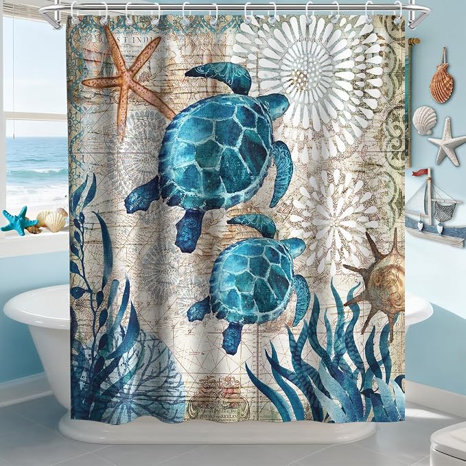 Ocean Nautical Beach Shower Curtain, Rustic Luxury Coastal Sea Turtles Shower Curtains for Bathroom, Waterproof Bath Curtain with Hooks Machine Washable Bathtub Curtains 72x84 Inch Blue Teal