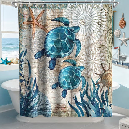 Ocean Nautical Beach Shower Curtain, Rustic Luxury Coastal Sea Turtles Shower Curtains for Bathroom, Waterproof Bath Curtain with Hooks Machine Washable Bathtub Curtains 72x84 Inch Blue Teal