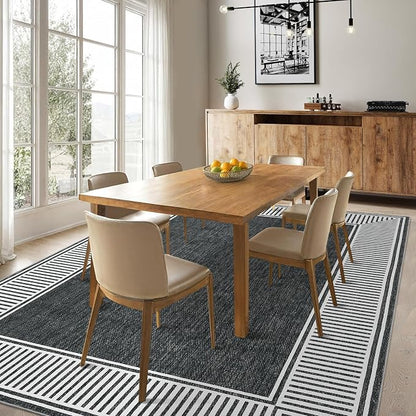 Garvee Modern Bordered Neutral Rugs for Living Room 8x10 Washable Rug Black | Large Non Slip Low Pile Soft Carpet Foldable Non-Shedding Woven Printed Floor Cover for Bedroom Playroom Nursery Office Dorm