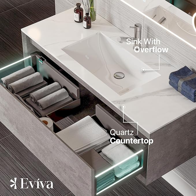 Eviva Aurora 48 in. Concrete Gray Wall Mount Single Sink Bath Vanity with Carrara Quartz Top