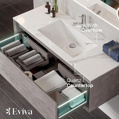 Eviva Aurora 48 in. Concrete Gray Wall Mount Single Sink Bath Vanity with Carrara Quartz Top
