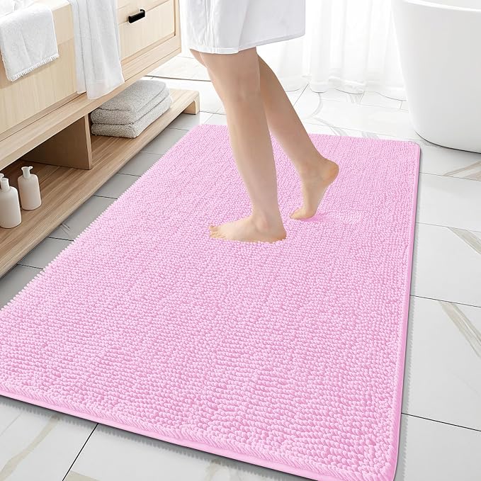 OLANLY Large Bathroom Rugs 59x35, Extra Soft Absorbent Chenille Bath Rugs | Pink, Quick-Drying Rubber Backing, Machine Washable Bath Mat for Bathroom Floor, Tub and Shower, Home Decor Accessories