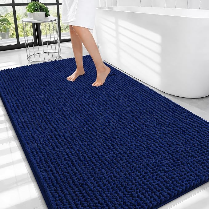 OLANLY Thick Chenille Large Bathroom Rugs 44x32, Absorbent Bath Mat, Navy | Soft Bath Rugs, Rubber Backing, Machine Wash Dry, Bath Mats for Bathroom, Tub and Shower, Home Decor Accessories