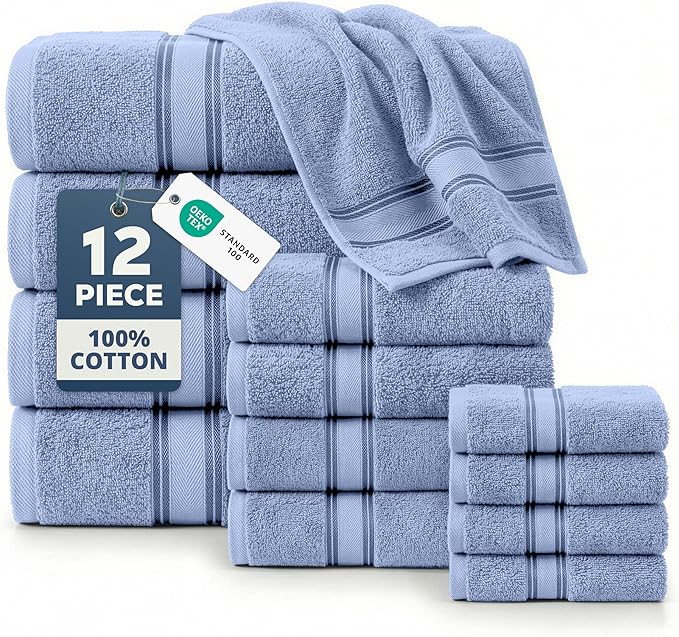 LANE LINEN Large Bath Towel Set Absorbent Quick Dry 100% Cotton - Allure | Cotton Towels - Fade-Resistant Color, Classic Terry Weave, Densely Woven, Coordinated Colors, Dobby Border Accent