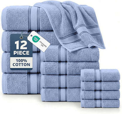 LANE LINEN Large Bath Towel Set Absorbent Quick Dry 100% Cotton - Allure | Cotton Towels - Fade-Resistant Color, Classic Terry Weave, Densely Woven, Coordinated Colors, Dobby Border Accent