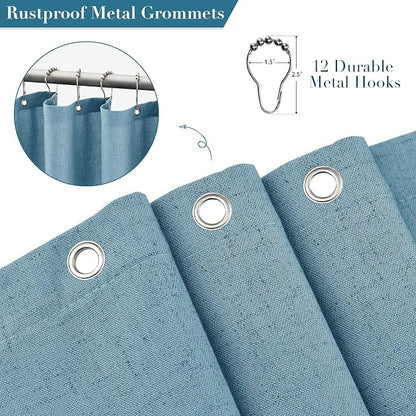 Blue Boho Linen Shower Curtain 72 Inch Fabric Textured Elegant Shower Curtain Set with Hooks Simple Aesthetic Bathroom Decor with Hooks Vintage Cottage Bath Curtain for Bathroom 72x72