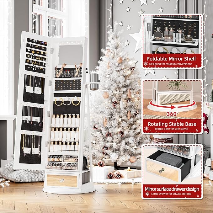 Mirror Jewelry Cabinet Standing, 360° Swivel Jewelry Armoire | with Drawer LED Lights, Lockable Jewelry Organizer with Storage Shelves