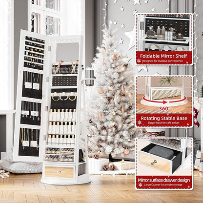 Mirror Jewelry Cabinet Standing, 360° Swivel Jewelry Armoire | with Drawer LED Lights, Lockable Jewelry Organizer with Storage Shelves