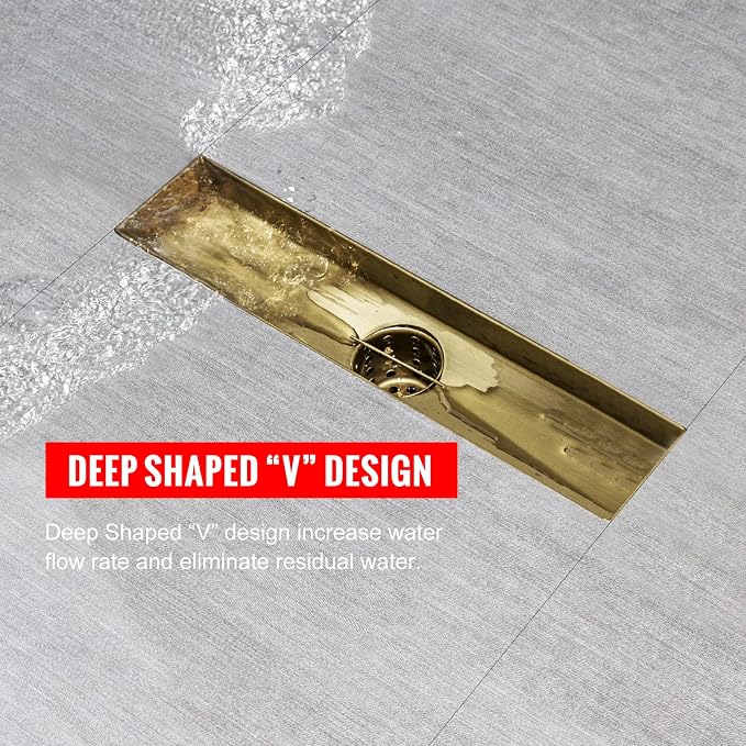 SaniteModar Linear Shower Drain 12 inch Brushed Gold with Tile Insert Panel | AISI 304 Stainless Steel Brushed Gold Linear Dain Rectangle Shower Floor Drain with Hair Strainer and Leveling Feet