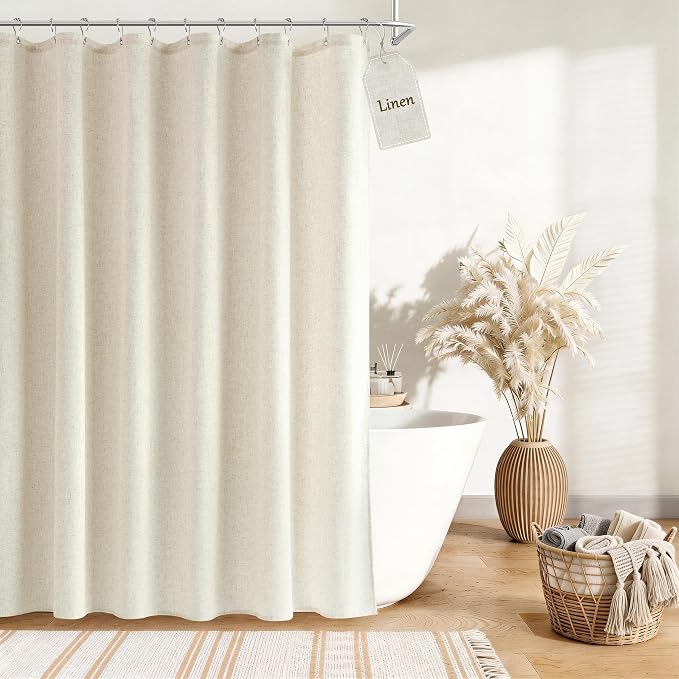 Linen Shower Curtain for Bathroom 78 Inches Length Light Beige | Weighted Fabric Bath Curtains with Hooks, Water Repellent, Neutral Boho Farmhouse, Simple Luxury Shower Decor, 1 Panel, 72x78