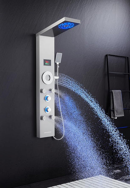 LED Shower Panel Tower System, Stainless Steel Rainfall & Mist Shower Tower, 5 Body Jets, Handheld Shower, Tub Spout and Hydroelectricity Temperature Display, Brushed Nickel