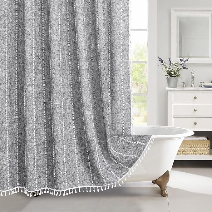 Boho Tassel Linen Shower Curtain,3D Embroidery Stripe Charcoal Grey,72x96 | Extra Long Xl,310GSM Texture Heavy Duty Cloth,Water Repellent,Wrinkle Resistant,Vintage Farmhouse Rustic,12 Plastic Hooks