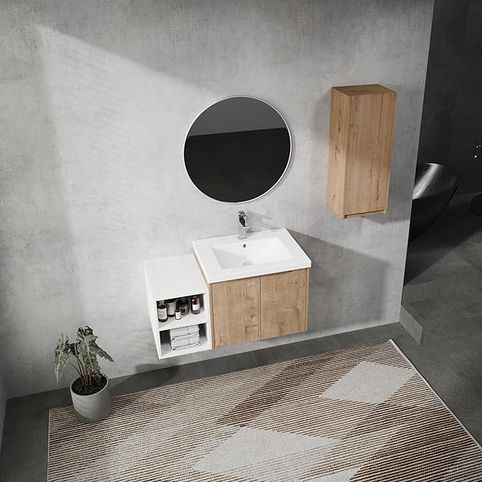 SSLine 36-Inch Single Bathroom Vanity Modern Wall Mounted Bathroom Vanity with Sink 36" Small Floating Bathroom Vanities Set with White Open Storage Shelf & 1 Side Cabinet,Brown White