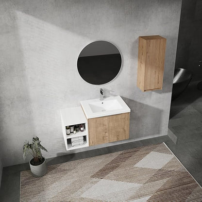 SSLine 36-Inch Single Bathroom Vanity Modern Wall Mounted Bathroom Vanity with Sink 36" Small Floating Bathroom Vanities Set with White Open Storage Shelf & 1 Side Cabinet,Brown White
