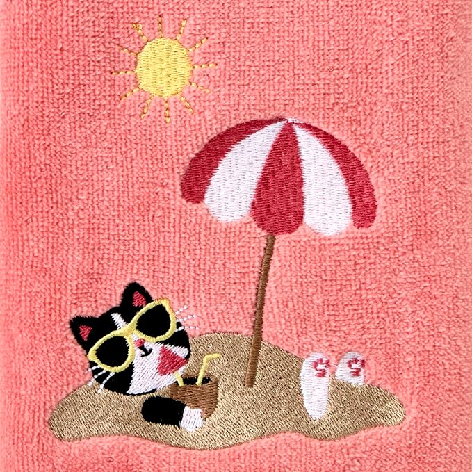 SKL Home Buried Cat Hand Towel 2pc Set for Bath/Kitchen/Bar & Gift, Coral Pink