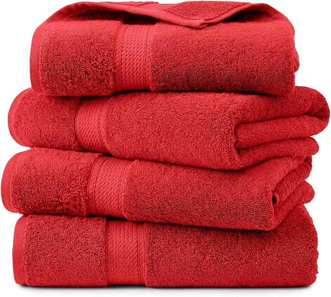 Superior Egyptian Cotton Plush & Absorbent, Bath Towel Set of 4, Red | Quick Dry, Soft Luxury Towel Set, Bath Essentials for Bathroom, Guest Bath, Spa, 4 Piece Bath, Madeline Towels