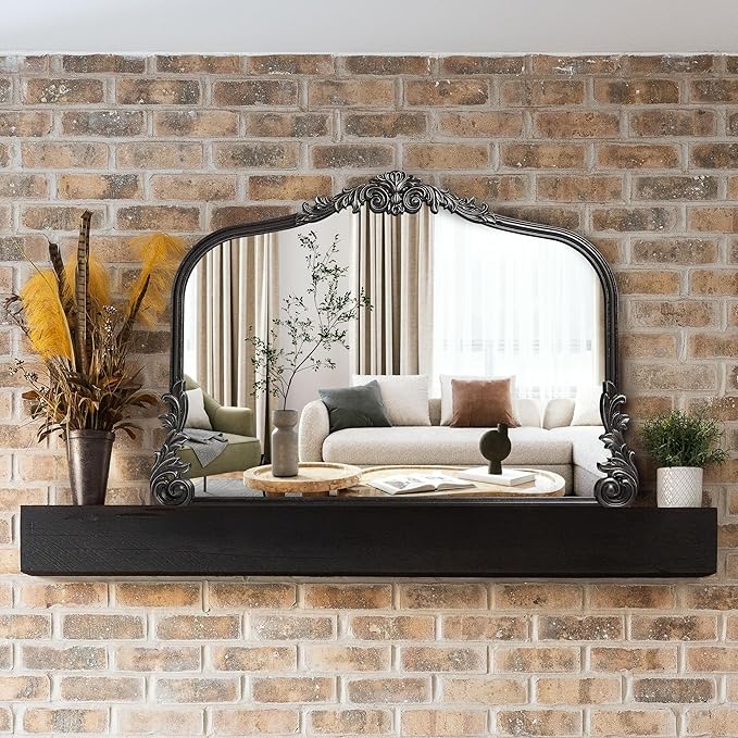 English Estate Carved Arch Wood Wall Mirror, Mirror for Entryway, Living Room, Bathroom, Distressed Black, 26x37