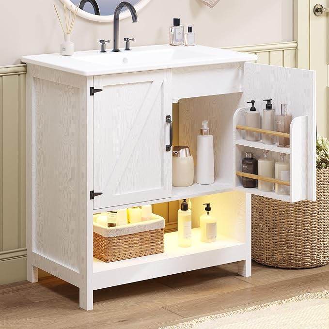 30 Inch Bathroom Vanity with Sink, Pedestal Sink Storage Cabinet with 2 Doors & LED Light, Mid-Century Modern Bathroom Vanity with Open Bottom Shelf, White