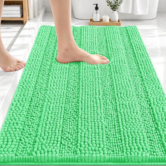 OLANLY Thick Bathroom Rugs 30x20, Chenille Striped Bath Rugs, Mint Green | Rubber Backing, Machine Wash, Extra Soft Absorbent Bath Mats for Bathroom Floor, Tub and Shower, Home Decor Accessories