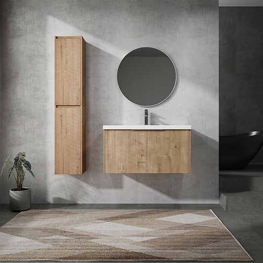 Henf 36" Floating Bathroom Vanity with Sink for Compact Space, Brown Wall Mount Bathroom Cabinet with Sink Combo, 36 Inch Bathroom Vanities Set with 2 Floating Side Cabinet