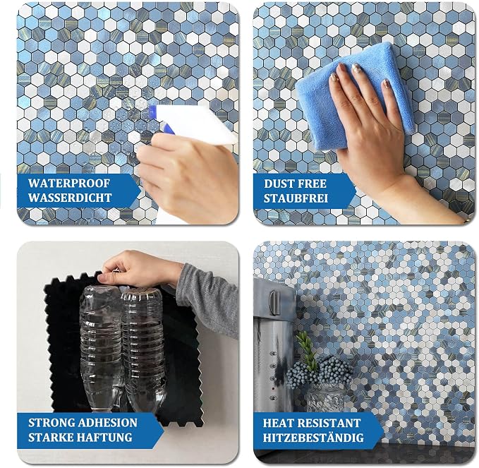 Stripe Hexagon Backsplash Tile Peel and Stick Blue 10pcs