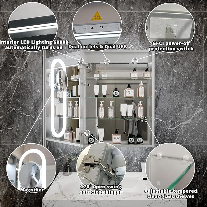 32x24 Lighted Medicine Cabinet with Mirror&Magnifier,LED Medicine Cabinet Mirror for Bathroom,Color Temp, Defogger,Front&Backlit,Built-in Outlets,Dimmable,Soft-closed,Adjustable Shelves,Left Opening