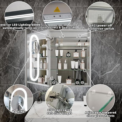 32x24 Lighted Medicine Cabinet with Mirror&Magnifier,LED Medicine Cabinet Mirror for Bathroom,Color Temp, Defogger,Front&Backlit,Built-in Outlets,Dimmable,Soft-closed,Adjustable Shelves,Left Opening