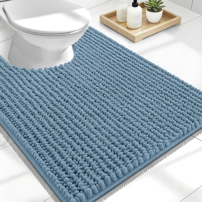 OLANLY Thick Chenille Toilet Rugs U-Shaped 24x20, Airy Blue | Soft Absorbent Shaggy Contour Bathroom Rugs for Toilet, Dry Quickly, Machine Washable, Non-Slip Bath Mat