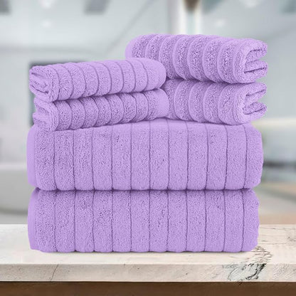 Elegant Comfort 100% Turkish Cotton Corduroy Ribbed Luxury Bath Towels 6-Piece Set, Premium Feel - Quick Dry, Highly Absorbent, Contains 2 Bath Towels, 2 Hand Towels, and 2 Washcloths, Lilac