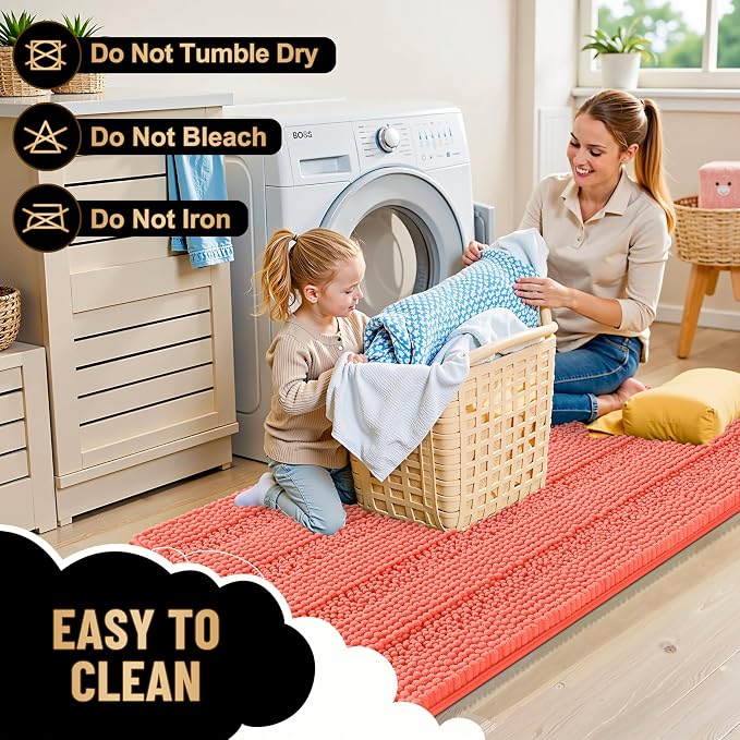 OLANLY Thick Bathroom Runner Rugs 47x17, Soft Chenille Bath Rugs, Coral | Absorbent Striped, Rubber Backing, Machine Wash, Long Bath Mats for Bathroom Floor, Tub and Shower, Home Decor Accessories
