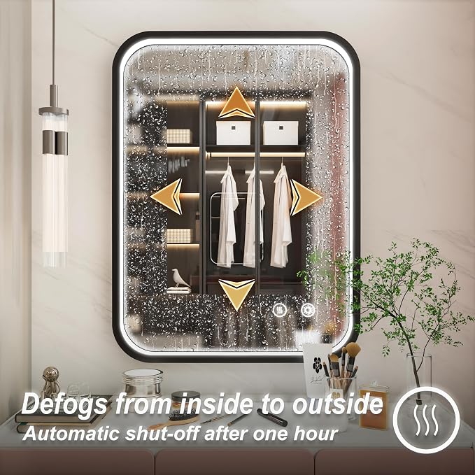 24"x32" LED Bathroom Mirror with Lights, Black Aluminum Frame | 3000K/4500K/6000K, Stepless Dimmable, Anti-Fog, Memory Function, ETL Listed, Wall Mounted Lighted Bathroom Vanity Mirror