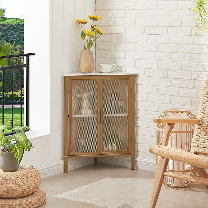 VECELO 3-Tier Corner Table,Cabinet with Mesh Door,Corner Shelf Stand,Metal Frame Storage Shelf Organizer Display Shelves for Wall Corner,Living Room,Bedroom Kitchen,Bathroom