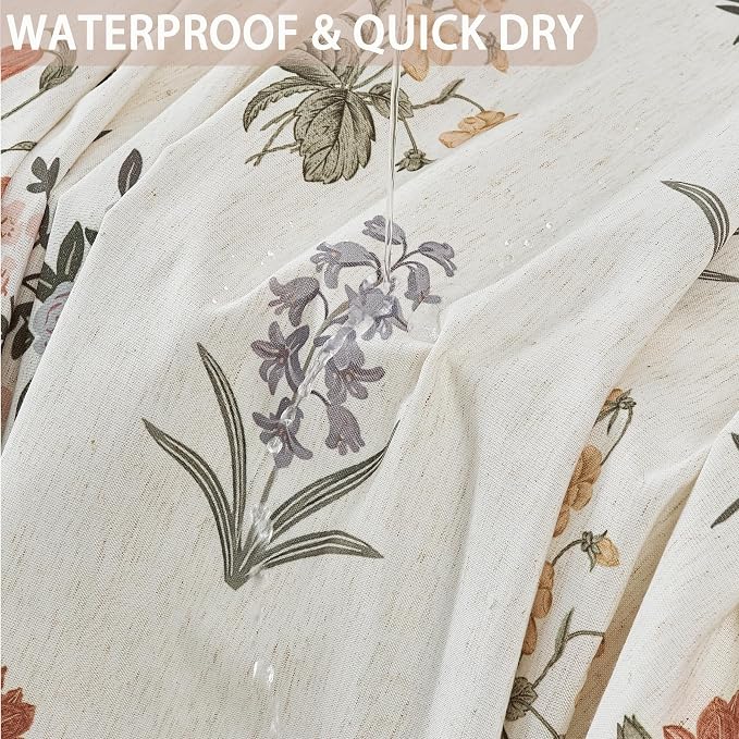 ORTIGIA Linen Textured Shower Curtain with Tassels,Vintage Floral Boho Cottagecore Waterproof Bath Curtain Metal Hooks for Rustic Farmhouse Bathroom Decor 72x72 Inch