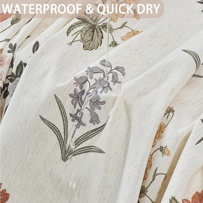 ORTIGIA Linen Textured Shower Curtain with Tassels,Vintage Floral Boho Cottagecore Waterproof Bath Curtain Metal Hooks for Rustic Farmhouse Bathroom Decor 72x72 Inch