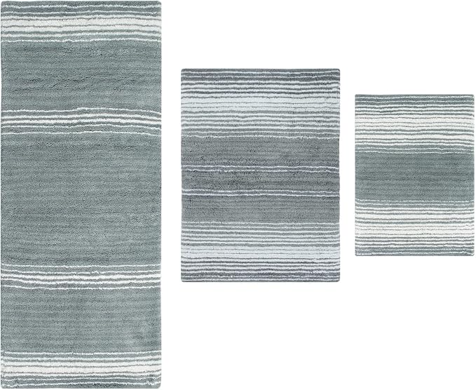 Home Weavers 100% Cotton Gradiation Collection Bathroom Décor | Washable Rug | Bathroom Mat | Kitchen Mat | Bathroom Rug Set | Bath Mat Set | Bath Floor Mat Non Slip, 3 Piece Set with Runner, Gray