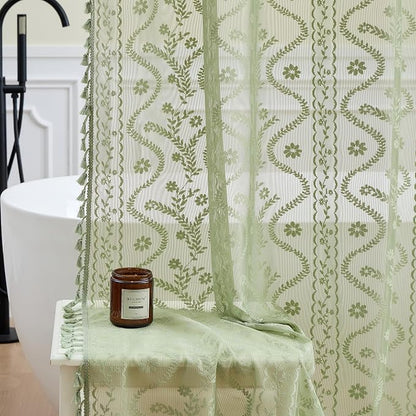 WAZZIO Sage Green Lace Shower Curtain - Vintage Pretty Floral Sheer Shower Curtains, Elegant Decorative Tassel Bath Curtains for Bathroom, 72 x 80 Inch, 1 Piece