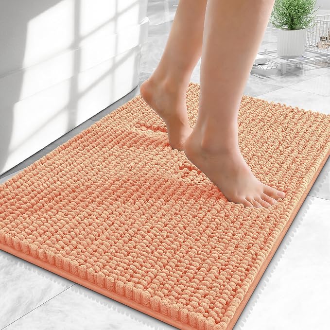 OLANLY Thick Chenille Small Bathroom Rugs 24x16, Absorbent Bath Mat, Peach | Soft Bath Rugs, Rubber Backing, Machine Wash Dry, Bath Mats for Bathroom, Tub and Shower, Home Decor Accessories