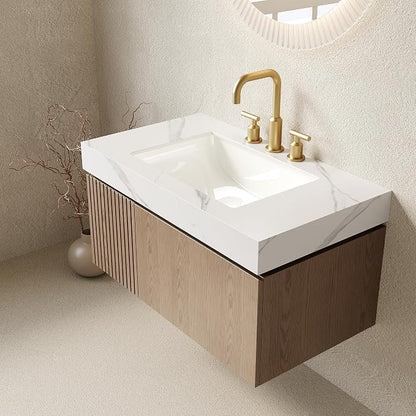KEIKI 36 Inch Floating Bathroom Vanity with Sink, Light Brown & White | Modern Wall Mounted Storage Cabinet w/ Drawer & Door, Pre-assembled Wood Panels, Sintered Stone Top & Ceramic Basin Combo Set