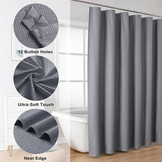 Berry Grey Waffle Shower Curtain, 3D Embossed Textured Grey Fabric Shower Curtain for Bathroom, Water Resistant Washable Hotel Spa Luxury Decorative Bath Curtains, 72x72 Inches
