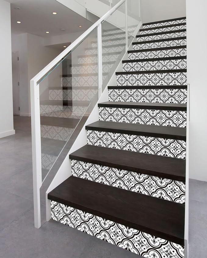 FLFK Stair Riser Decals - Black Patterns Stair Stickers Murals Peel and Stick Self-Adhesive for Home Decor, 39.3" W x 7.08" H x 13Pcs