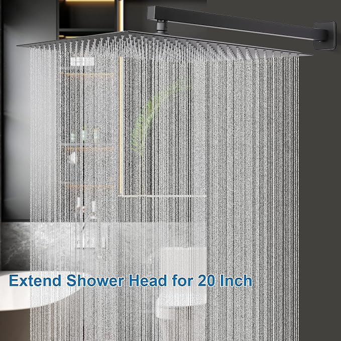 Shower Head with Extension Arm, High Pressure Square with ShowerArm, Stainless Steel Rainfall-Waterfall Full Body Coverage (16'' Shower with 20'' Arm, Matte Black)