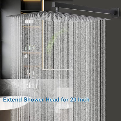 Shower Head with Extension Arm, High Pressure Square with ShowerArm, Stainless Steel Rainfall-Waterfall Full Body Coverage (16'' Shower with 20'' Arm, Matte Black)