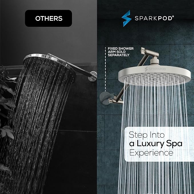 SparkPod 8" Round Rain Shower Head with 11" Shower Arm | Shower Head & Extension Arm Combo, Height Adjustable, High Pressure Performance, Easy 1-Minute Installation, Brushed Nickel