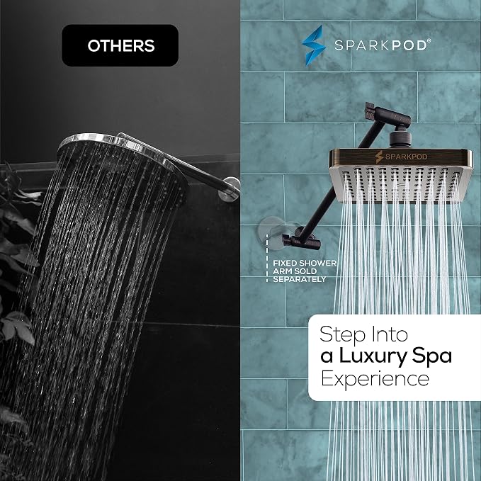 SparkPod 6" Square Rain Shower Head with 11" Shower Arm | Shower Head & Extension Arm Combo, Height Adjustable, High Pressure Performance, Easy 1-Minute Installation,Oil-Rubbed Bronze