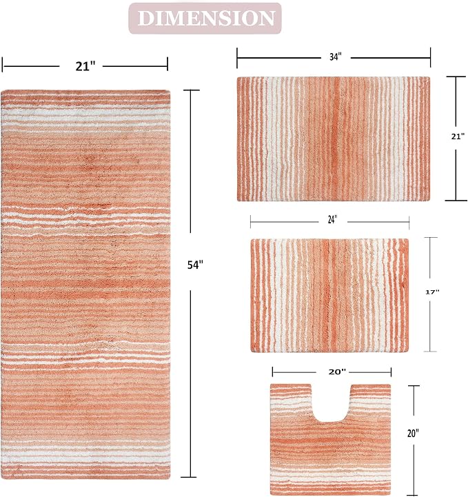 Home Weavers 100% Cotton Gradiation Collection Bathroom Décor | Washable Rug | Bathroom Mat | Kitchen Mat | Bathroom Rug Set | Bath Mat Set | Bath Floor Mat Non Slip, 4 Piece Set with Runner, Coral