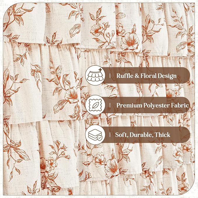 Fall Extra Long Ruffle Shower Curtains for Bathroom with Floral, 72"Wx84"L | Orange Floral Print, Ruflle Design, 12 Metal Hooks, Vintage Rustic Washable Waterproof Shower Curtain for Bathroom Bathtub