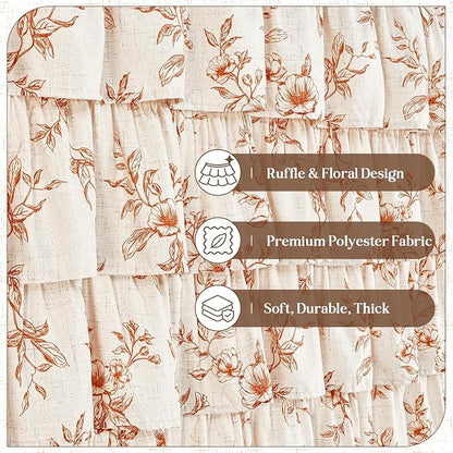 Fall Extra Long Ruffle Shower Curtains for Bathroom with Floral, 72"Wx84"L | Orange Floral Print, Ruflle Design, 12 Metal Hooks, Vintage Rustic Washable Waterproof Shower Curtain for Bathroom Bathtub