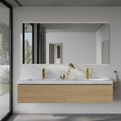 72'' Floating Bathroom Vanity with Sink Combo, Modern Wall-Mounted Striped Bathroom Storage Cabinet with Soft-Close Drawer and Double Glossy White Solid Surface Basins, Natural Oak