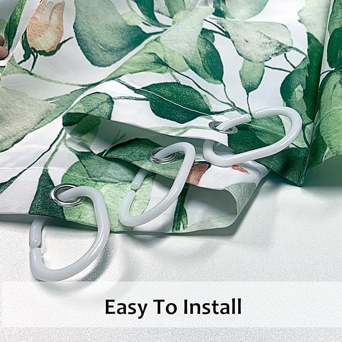 120GSM Green Eucalyptus Shower Curtain with 12PCS Hooks, Watercolor Floral Print Bathroom Décor, Green Botanical Washable Fabric Shower Curtain, 72 x 72 Inch